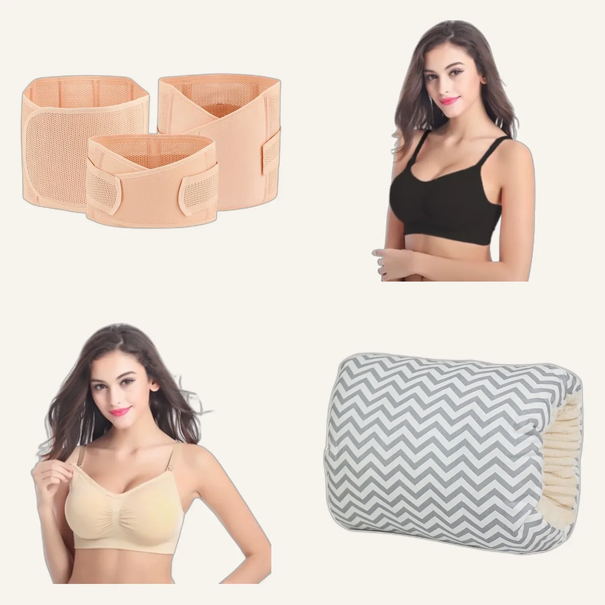 Postpartum pack: belly wrap, two nursing bras and arm pillow