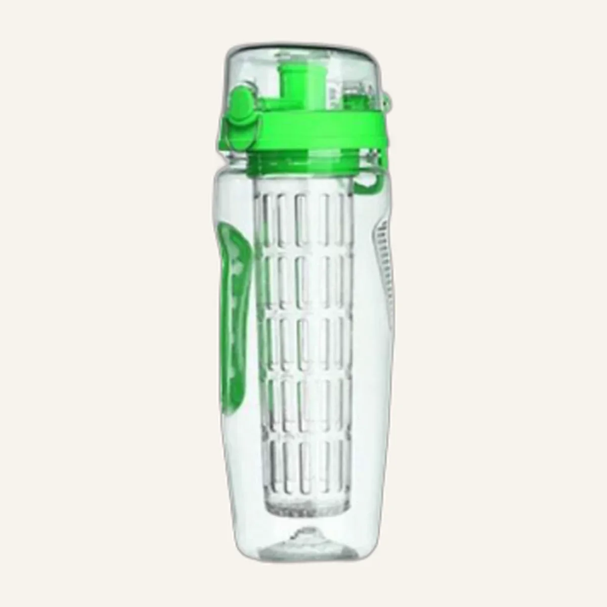 Clear fruit infuser water bottle with a green lid