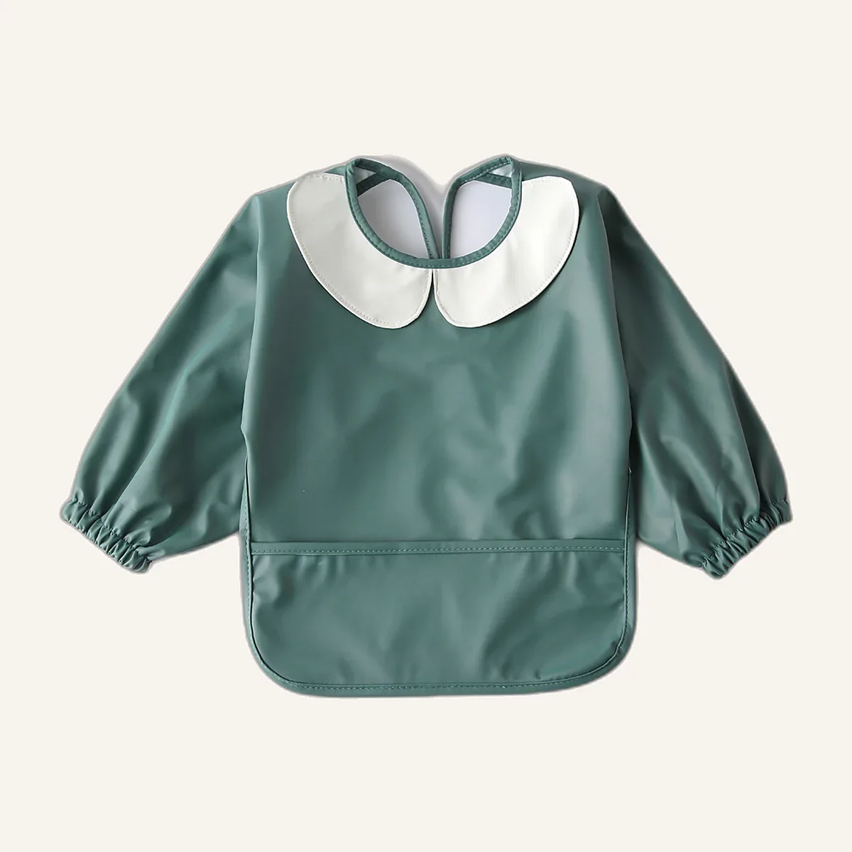 Fir green long-sleeved weaning bib with white collar