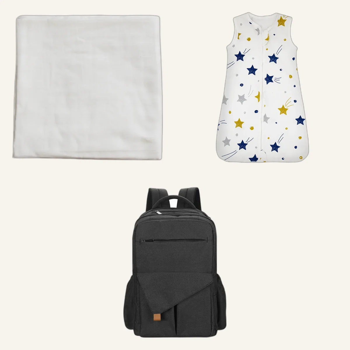 Pack recién nacido: muselina, saco ligero y mochila