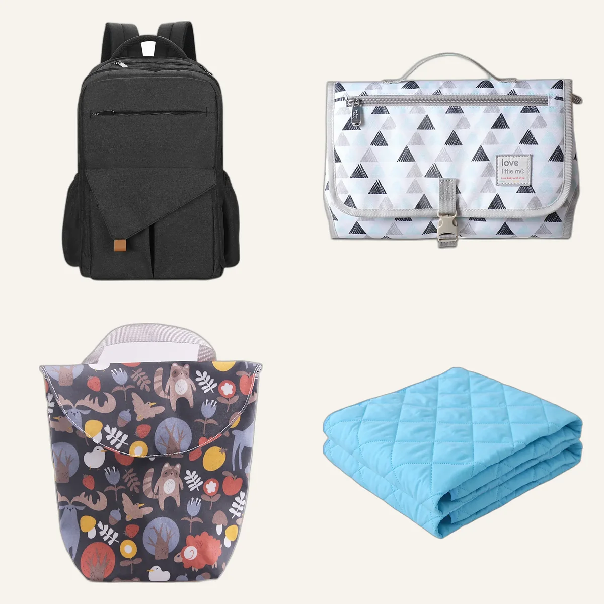 Unterwegs-Set: Rucksack, Wickeltasche, Windeltasche und Auflage