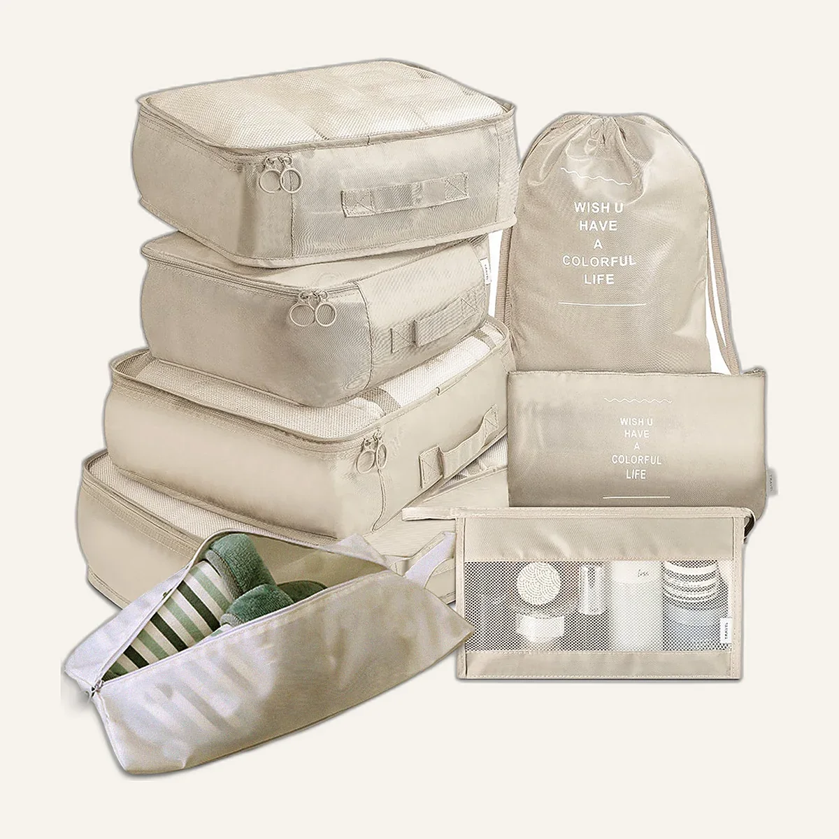 Set de 8 organizadores beige apilados