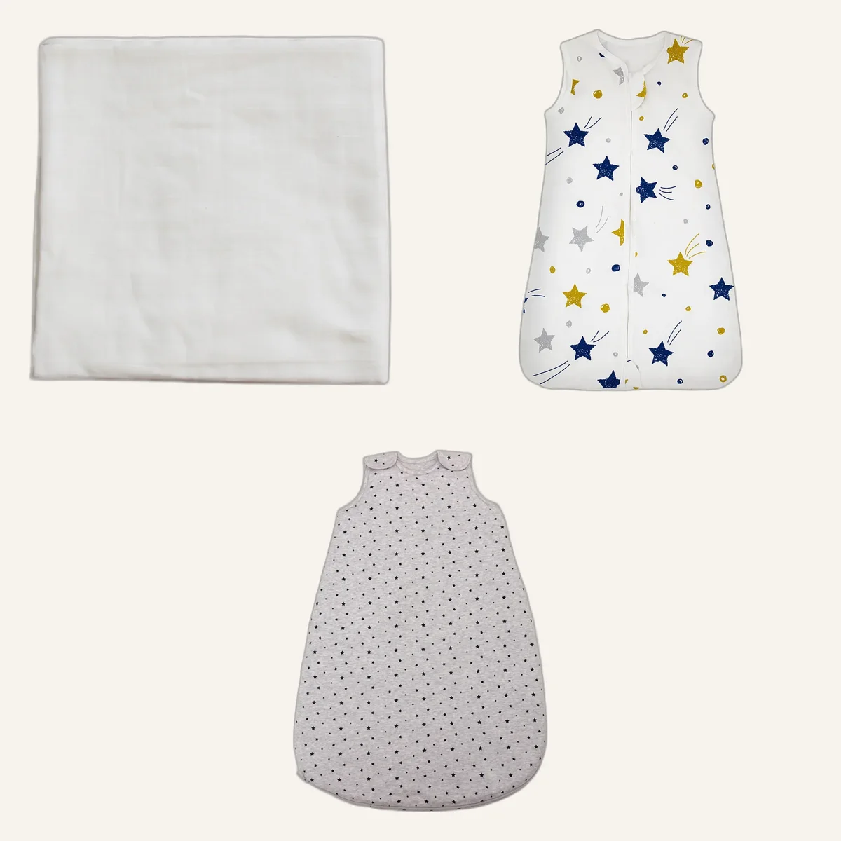 Safe sleep pack: bamboo swaddle and two sleep sacks