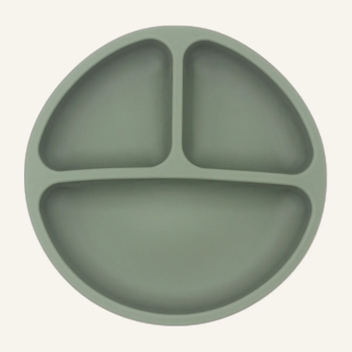Sage green silicone baby plate with three compartments