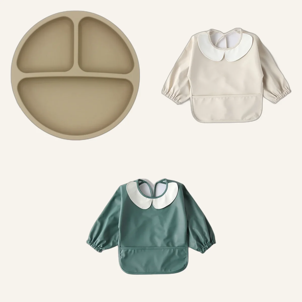 Starting solids pack: silicone plate and two weaning bibs